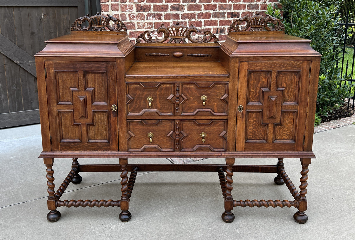 Antique English Sideboard Buffet Server Jacobean Barley Twist Oak