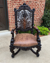 Load image into Gallery viewer, Antique French Chair Leather Cowhide Baroque Carved Oak Fireside Throne c. 1900