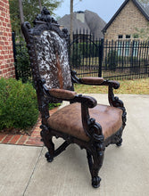 Load image into Gallery viewer, Antique French Chair Leather Cowhide Baroque Carved Oak Fireside Throne c. 1900