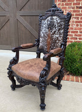 Load image into Gallery viewer, Antique French Chair Leather Cowhide Baroque Carved Oak Fireside Throne c. 1900