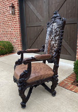 Load image into Gallery viewer, Antique French Chair Leather Cowhide Baroque Carved Oak Fireside Throne c. 1900