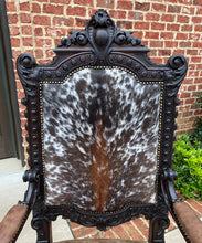 Load image into Gallery viewer, Antique French Chair Leather Cowhide Baroque Carved Oak Fireside Throne c. 1900