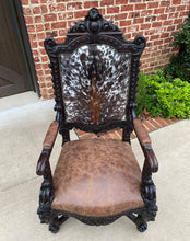Load image into Gallery viewer, Antique French Chair Leather Cowhide Baroque Carved Oak Fireside Throne c. 1900