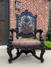 Load image into Gallery viewer, Antique French Chair Leather Cowhide Baroque Carved Oak Fireside Throne c. 1900