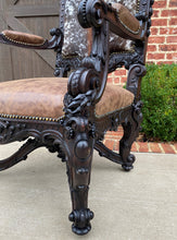 Load image into Gallery viewer, Antique French Chair Leather Cowhide Baroque Carved Oak Fireside Throne c. 1900
