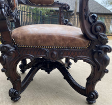 Load image into Gallery viewer, Antique French Chair Leather Cowhide Baroque Carved Oak Fireside Throne c. 1900