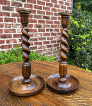 Load image into Gallery viewer, Antique English Barley Twist Candlesticks Candle Holders Oak PAIR 12.5" Tall