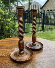Load image into Gallery viewer, Antique English Barley Twist Candlesticks Candle Holders Oak PAIR 12.5" Tall