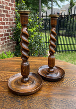 Load image into Gallery viewer, Antique English Barley Twist Candlesticks Candle Holders Oak PAIR 12.5" Tall