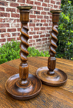 Load image into Gallery viewer, Antique English Barley Twist Candlesticks Candle Holders Oak PAIR 12.5" Tall