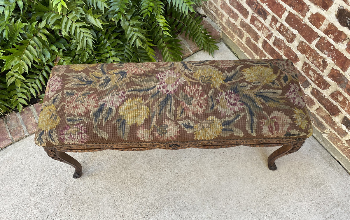 Antique French Country Bench Stool Needlepoint Floral Upholstered WIDE ...