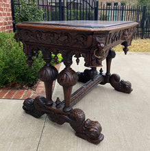 Load image into Gallery viewer, Antique French Desk Dolphin Table Renaissance Revival Carved Oak Drawer 19th C