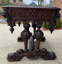 Load image into Gallery viewer, Antique French Desk Dolphin Table Renaissance Revival Carved Oak Drawer 19th C