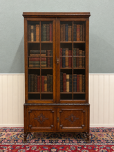 Load image into Gallery viewer, Antique English Jacobean Bookcase Bookshelf Cabinet Double Door Oak c.1930s