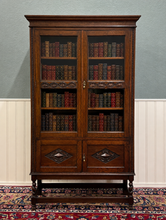 Load image into Gallery viewer, Antique English Bookcase Bookshelf Cabinet Double Door Barley Twist Oak c.1930s
