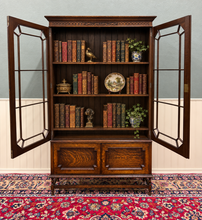 Load image into Gallery viewer, Antique English Jacobean Bookcase Cabinet Double Door Wavy Glass Tiger Oak 1930s