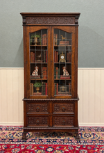 Load image into Gallery viewer, Antique English Jacobean Bookcase Cabinet Double Door Glass Drawers Oak c.1930s