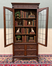 Load image into Gallery viewer, Antique English Jacobean Bookcase Cabinet Double Door Glass Drawers Oak c.1930s