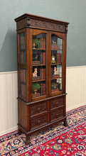 Load image into Gallery viewer, Antique English Jacobean Bookcase Cabinet Double Door Glass Drawers Oak c.1930s