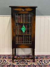 Load image into Gallery viewer, Antique English Arts &amp; Crafts Oak Leaded Stained Glass Bookcase Cabinet c.1930s