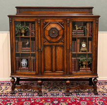 Load image into Gallery viewer, Antique English Jacobean Bookcase Bow Front Cabinet Triple Door Oak c1930s