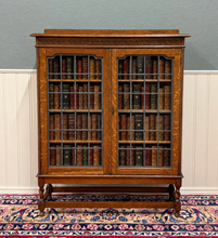Load image into Gallery viewer, Antique English Bookcase Cabinet Double Door Leaded Wavy Glass Oak c.1930s