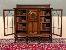 Load image into Gallery viewer, Antique English Jacobean Bookcase Bow Front Cabinet Triple Door Oak c1930s