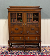 Load image into Gallery viewer, Antique English Jacobean Bookcase Bookshelf Cabinet Double Glass Door Oak c1930s