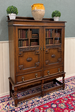 Load image into Gallery viewer, Antique English Jacobean Bookcase Bookshelf Cabinet Double Glass Door Oak c1930s