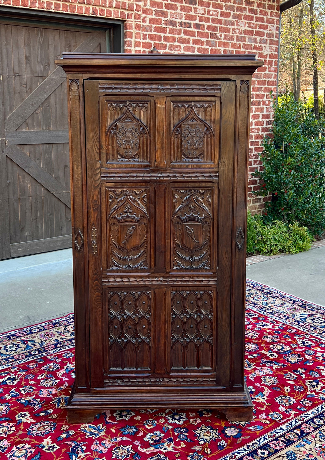 Antique French Armoire Linen Cabinet Wardrobe Chest Gothic Revival Oak c. 1890s