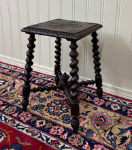 Load image into Gallery viewer, Antique English Stool Footstool Bench Carved Top Barley Twist Legs Oak c. 1920s