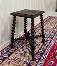 Load image into Gallery viewer, Antique English Stool Footstool Bench Carved Top Barley Twist Legs Oak c. 1920s