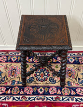 Load image into Gallery viewer, Antique English Stool Footstool Bench Carved Top Barley Twist Legs Oak c. 1920s