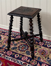 Load image into Gallery viewer, Antique English Stool Footstool Bench Carved Top Barley Twist Legs Oak c. 1920s