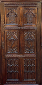 Antique French Armoire Linen Cabinet Wardrobe Chest Gothic Revival Oak c. 1890s