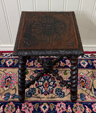 Load image into Gallery viewer, Antique English Stool Footstool Bench Carved Top Barley Twist Legs Oak c. 1920s