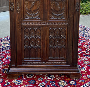 Antique French Armoire Linen Cabinet Wardrobe Chest Gothic Revival Oak c. 1890s