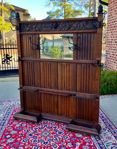 Antique English Oak Hall Tree Entry Foyer Umbrella Stand Coat Hat Rack w Mirror