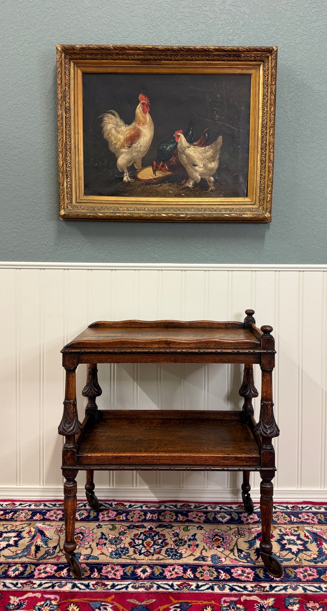 Antique English Trolley Tea Cart Pastry Cocktail Bar Cart Tray Tudor Oak 1930s