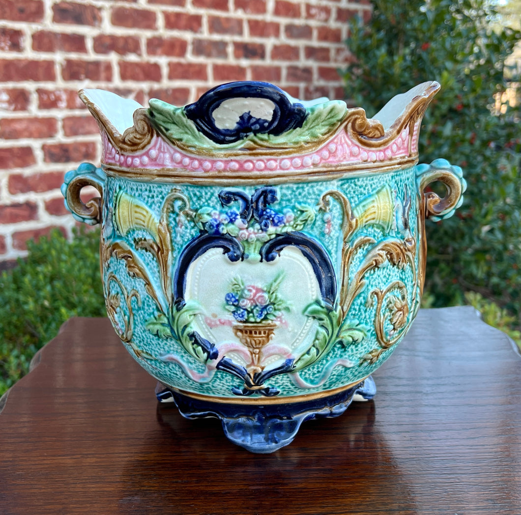 Antique French Majolica Onnaing Cache Pot Planter Bowl Jardiniere Vase Floral