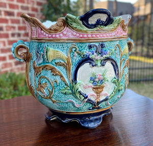 Antique French Majolica Onnaing Cache Pot Planter Bowl Jardiniere Vase Floral