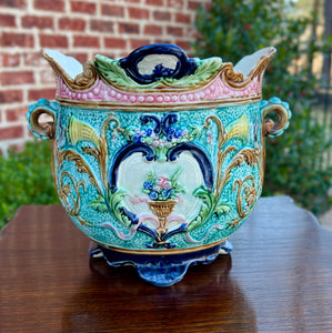 Antique French Majolica Onnaing Cache Pot Planter Bowl Jardiniere Vase Floral