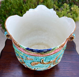 Antique French Majolica Onnaing Cache Pot Planter Bowl Jardiniere Vase Floral