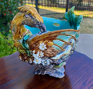 Antique French Majolica Onnaing Cache Pot Planter Bowl Jardiniere Phoenix Bird