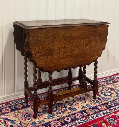 Antique English Table Drop Leaf Gateleg Pie Crust Top Barley Twist Oak c. 1930s