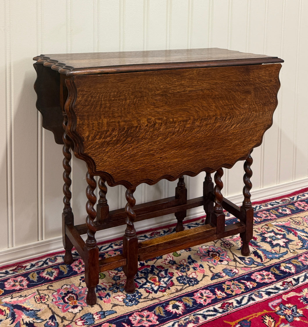 Antique English Table Drop Leaf Gateleg Pie Crust Top Barley Twist Oak c. 1930s