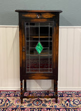 Load image into Gallery viewer, Antique English Arts &amp; Crafts Oak Leaded Stained Glass Bookcase Cabinet c.1930s