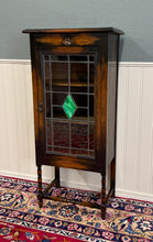 Load image into Gallery viewer, Antique English Arts &amp; Crafts Oak Leaded Stained Glass Bookcase Cabinet c.1930s