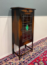 Load image into Gallery viewer, Antique English Arts &amp; Crafts Oak Leaded Stained Glass Bookcase Cabinet c.1930s