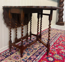 Load image into Gallery viewer, Antique English Table Drop Leaf Gateleg Pie Crust Top Barley Twist Oak c. 1930s
